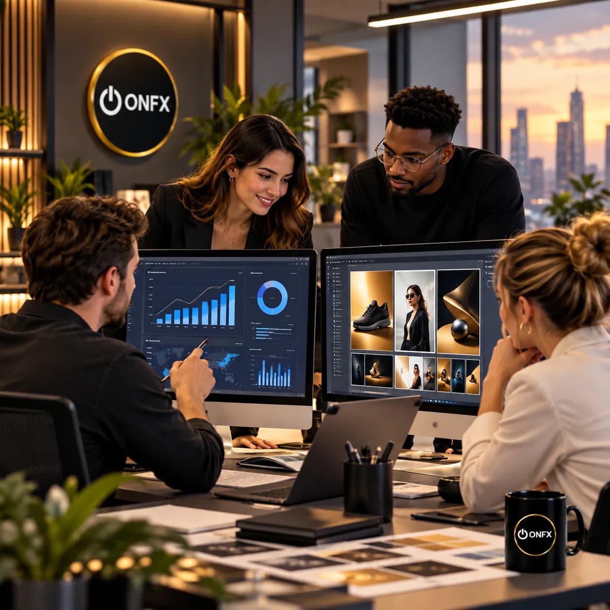 Equipe ONFX criando campanhas de marketing digital