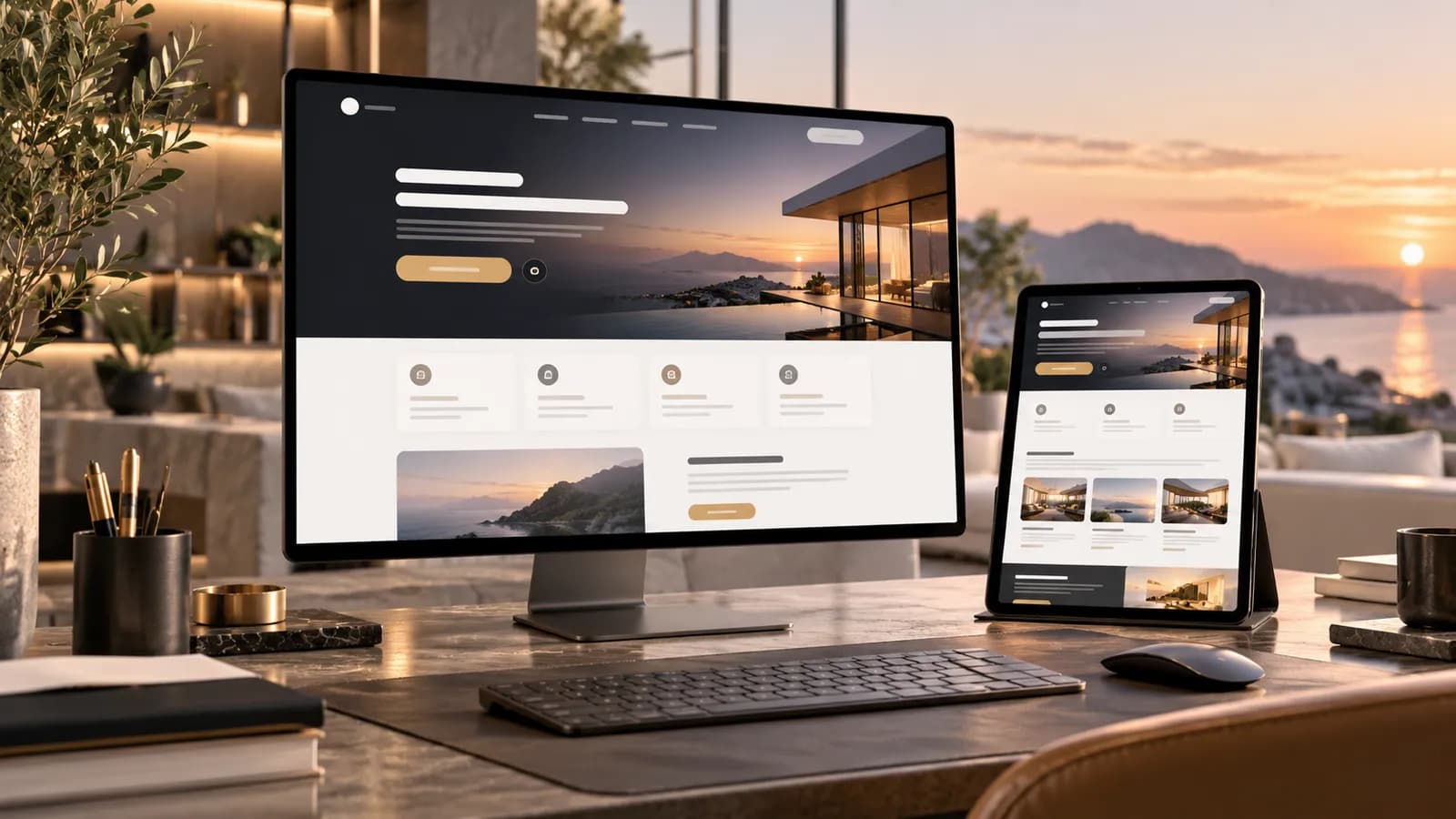 Landing page elegante em monitor e tablet